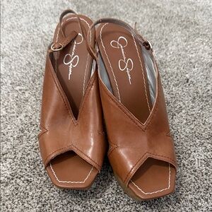 Jessica Simpson Tan Peep-Toe Wedges